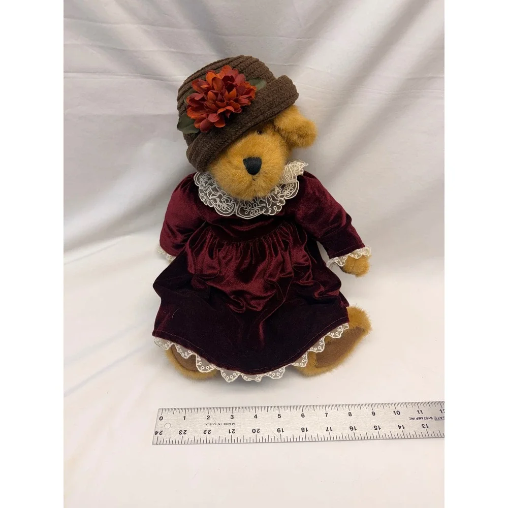 Boyds Collection Archive Series Teddy Bear Burgundy Velvet Dress Lace Hat 12in